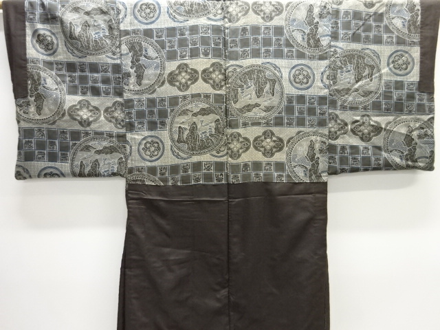 アンティーク　絵皿に船・華紋模様肩裏手織り紬男物羽織